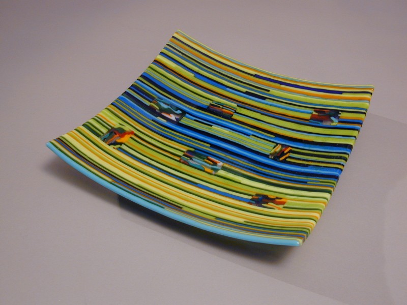 Stripes, fused glass platter, stipe cut design, pattern bars