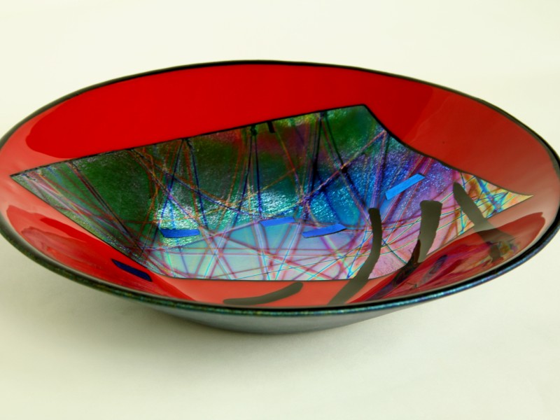 Red Flash, fused glass bowl with dichroic glass