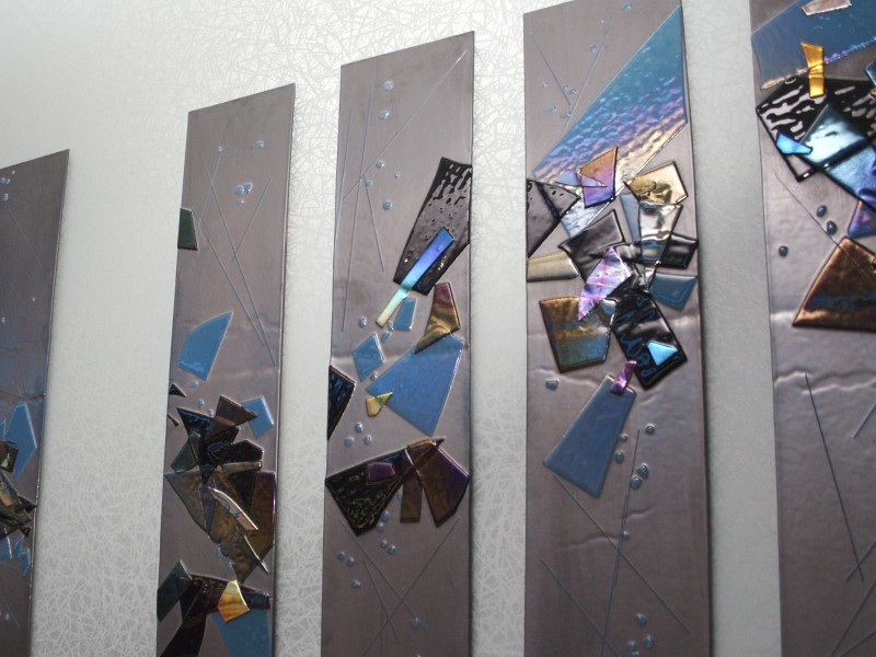 Steel Blue Twilight, fused glass, wall sculpture, iridized glass, dichroic glass