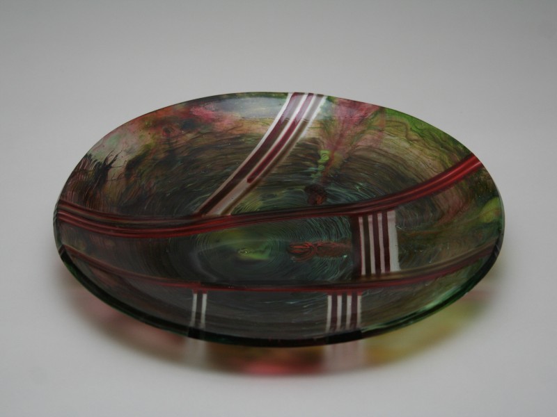 Cranberry Stripes, fused glass dish, pot melt design