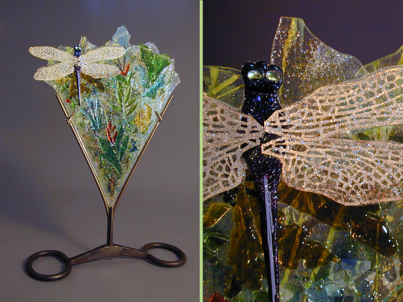 Jungle Garden, fused glass, glass and metal sculpture, dragonfly