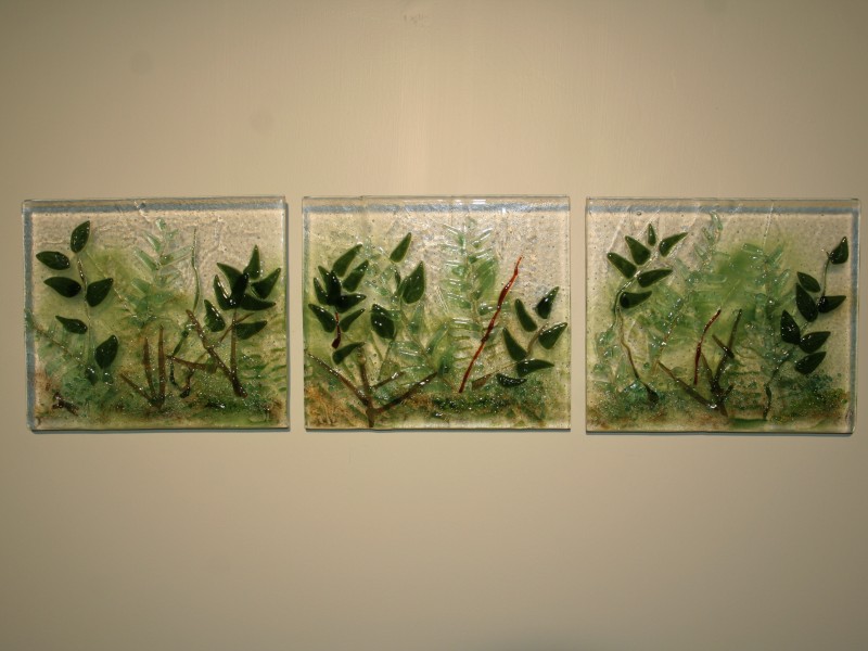 Ferns, fused glass, wall sculpture, triptych 