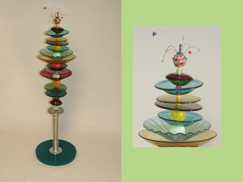 Stacking Tower, fused glass, glass and  aluminum sculpture, mixed media