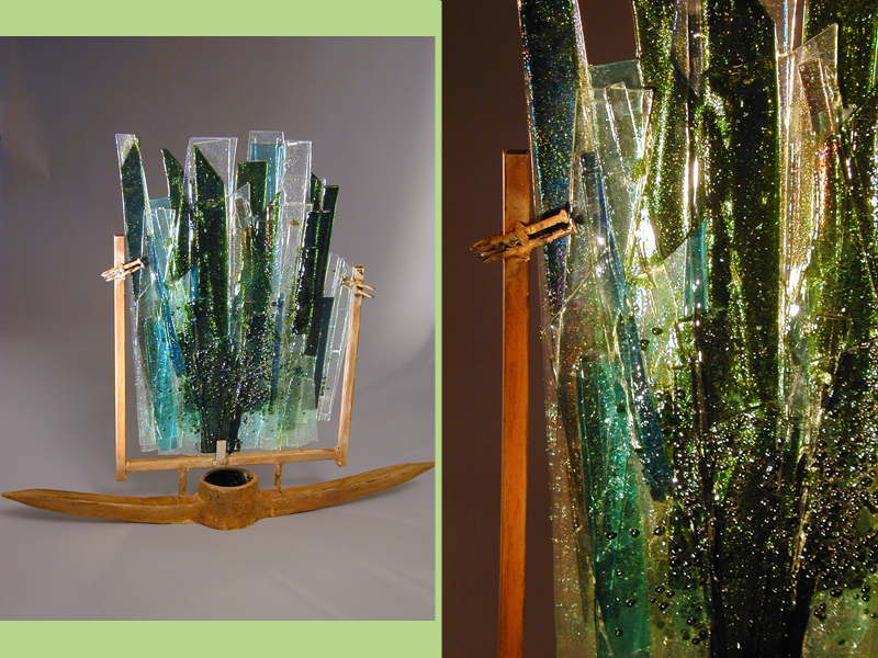 Mining 4 Aventurine, fused glass, glass and metal sculpture