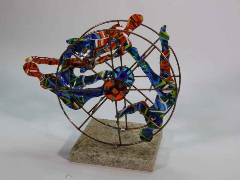Balance In Color, fused glass, sculpture, circus figures, kinetic, pattern bar
