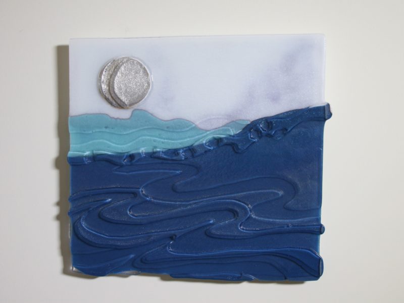 Moon on Silver Sea, fused glass, kiln carving, wall sculpture, seascape